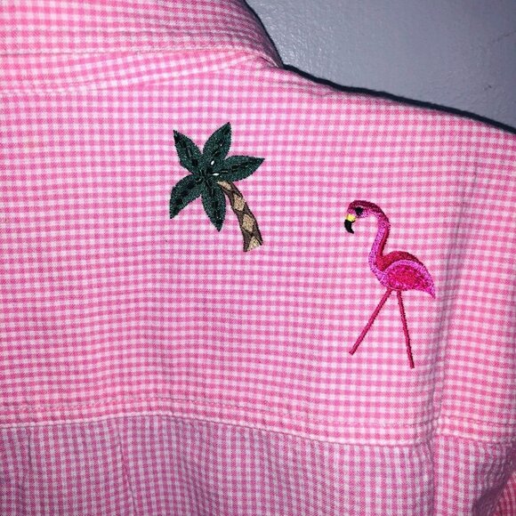 Quaker Factory Womens M Shirt Pink Checkered Flamingo Palm Trees Long Sleeve - Picture 8 of 9